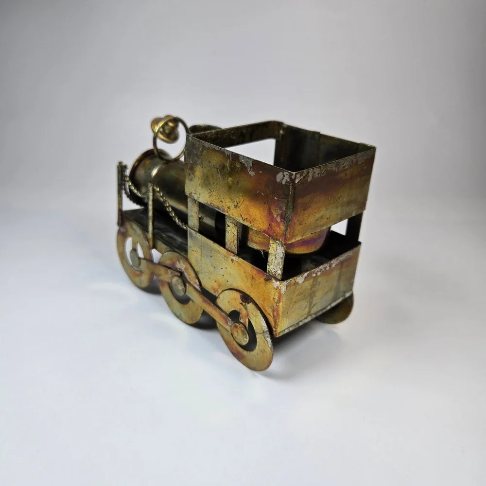 Vintage Metal Tin Train Railroad Engine Candle Holder Patina Copper Brass Tone‎